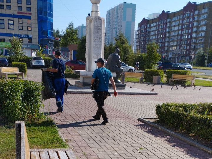 Сотрудники городских служб осуществляют плановый полив растений.